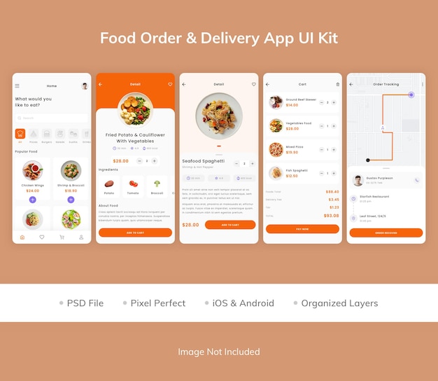 PSD kit dell'interfaccia utente dell'app per la consegna degli ordini di cibo