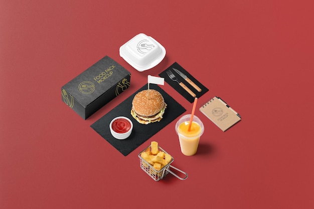 Food pack paper box and bag mockup design in red background isometric