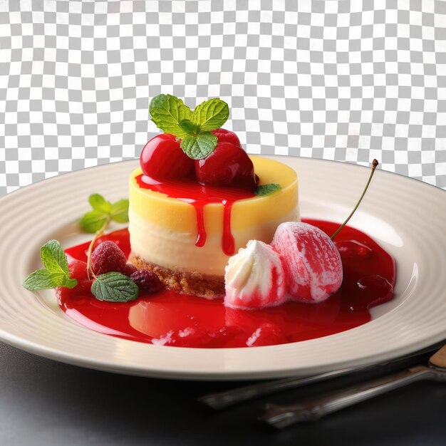 PSD presentazione del cibo un piatto bianco con un dessert guarnito con una ciliegina in cima