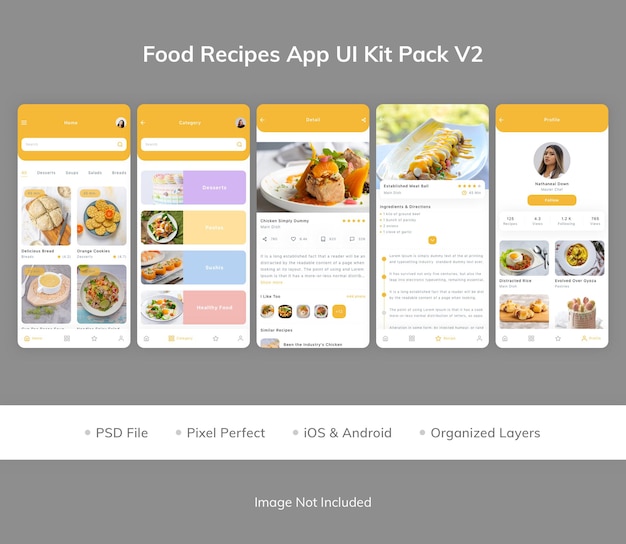 PSD food recipe app ui kit pack