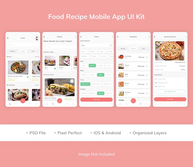 PSD kit dell'interfaccia utente dell'app mobile per ricette alimentari