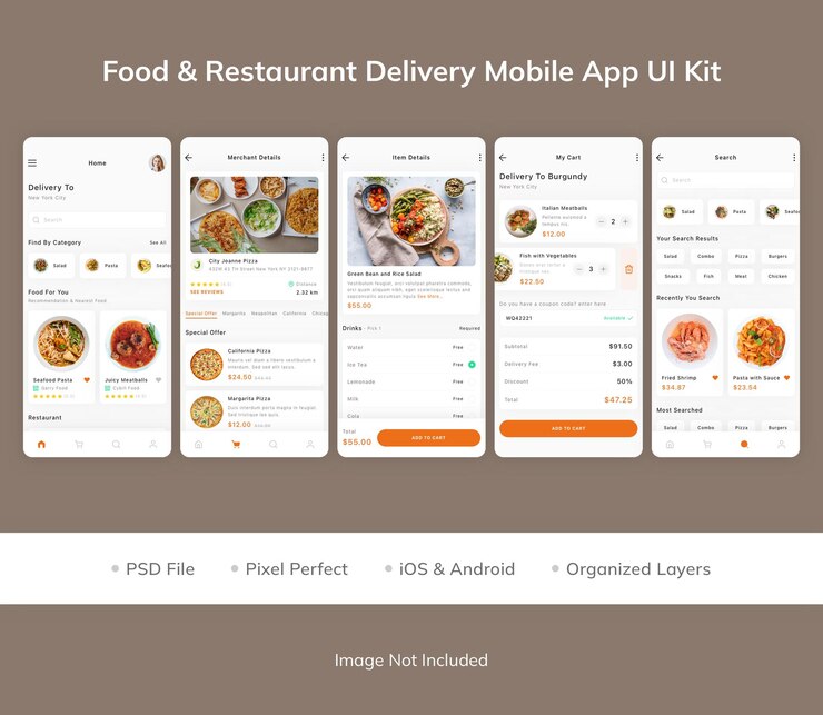PSD food and restaurant delivery mobile app ui kit