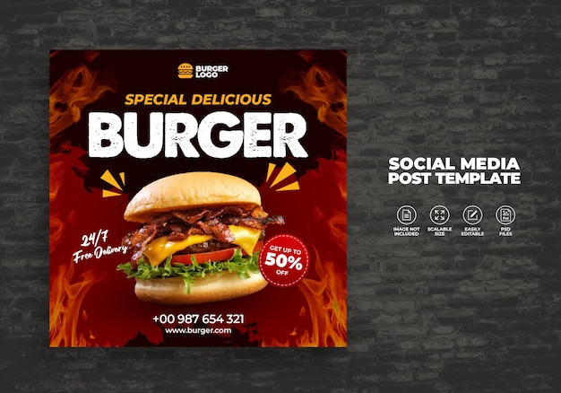 ソーシャルメディアテンプレート用の食品レストラン特別な無料の新鮮なおいしいハンバーガーメニュープロモーションpsd