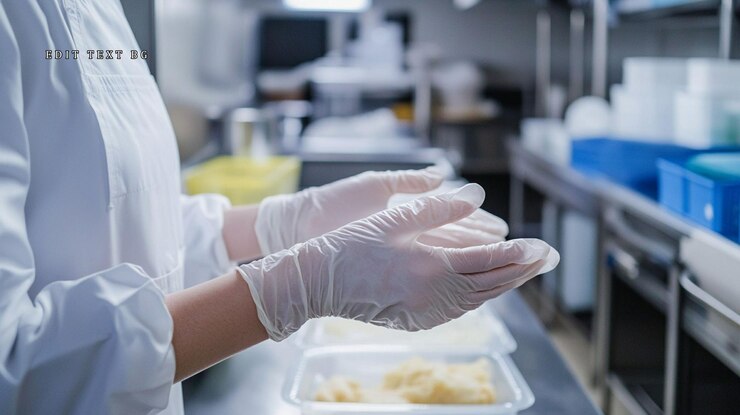 PSD 手袋をかぶった食品科学者が無菌なキッチンで製品を検査している