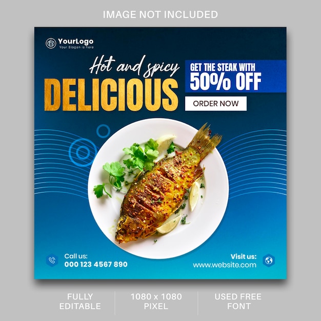 Food Social Media Banner Post Design Template Rybny Grill Z Elementami Graficznymi Niebieskim Tle