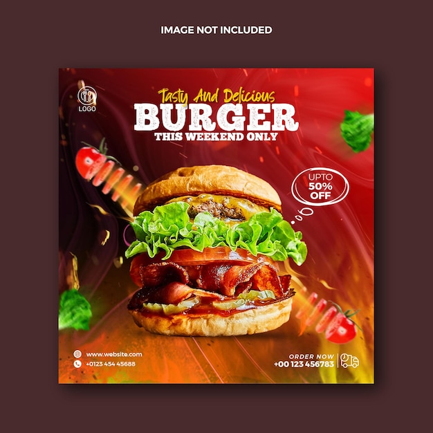 PSD food social media post na instagram i squire burger promocyjny baner internetowy