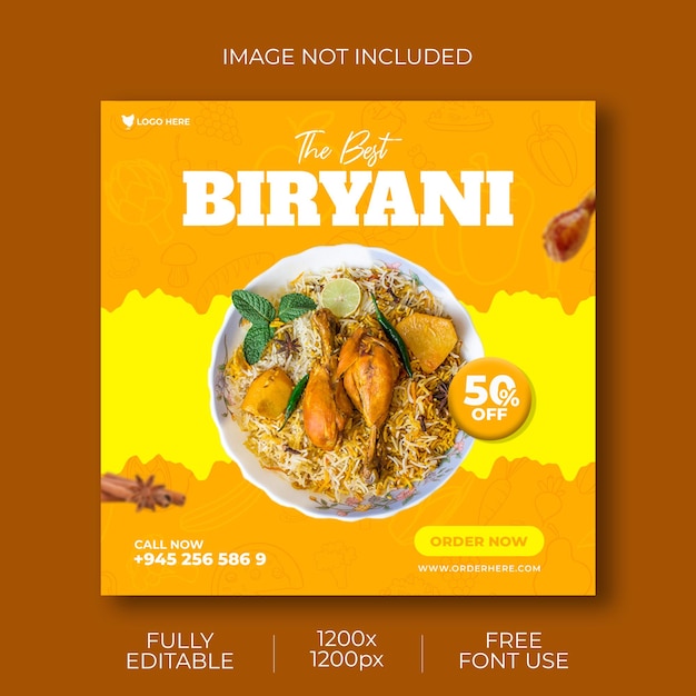 Food social media post psd template biriyani