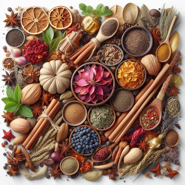 PSD food still of various french herbs and botanicals with colorful vegetables