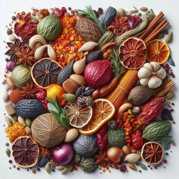 Food still of various indian herbs and botanicals with colorful vegetables