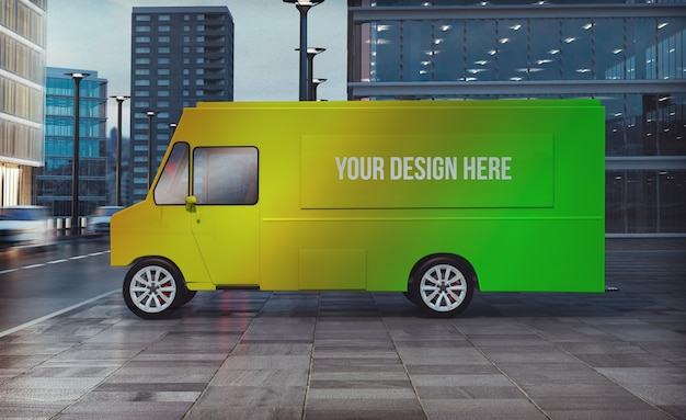 Food truck parked on the street 3d rendering mockup