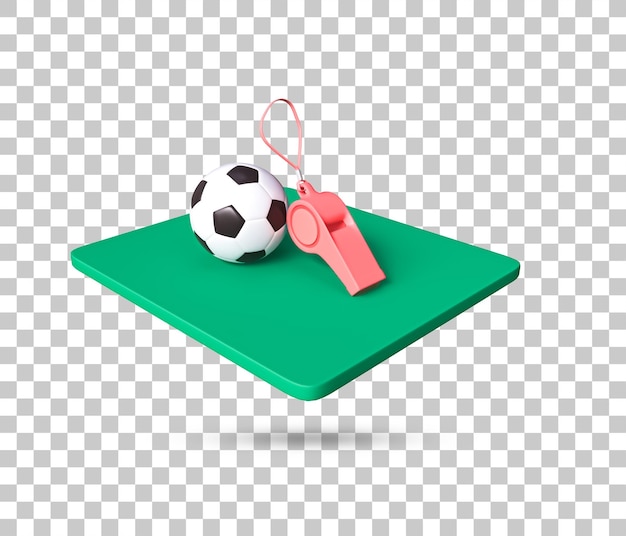 Football field, ball and referee whistle 3d icon. Football elements 3d icon. Soccer elements