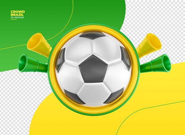PSD etichetta di calcio con palla e vuvuzelas nel rendering 3d