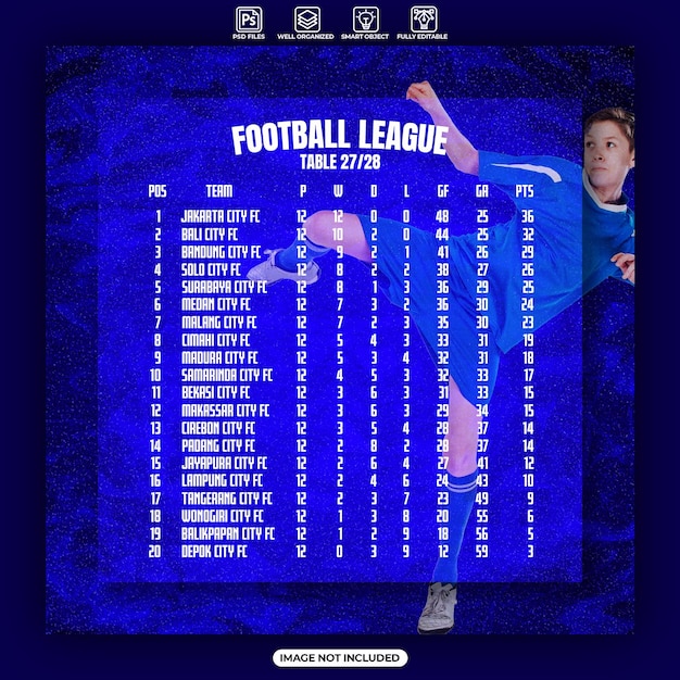 PSD サッカー リーグ テーブル ポスターまたはソーシャル メディアの instagram の投稿テンプレート