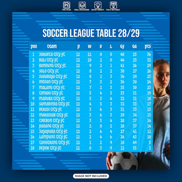 PSD poster della classifica della lega di calcio o modello di post di instagram sui social media