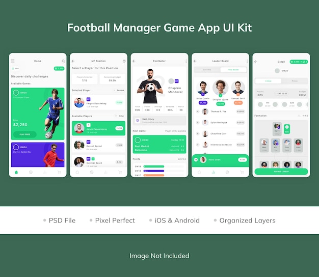 PSD football manager game app ui kit