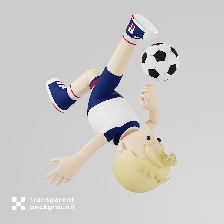 PSD ジャンプしながらボールを撃つフットボール選手 3dキャラクターレンダリングイラスト