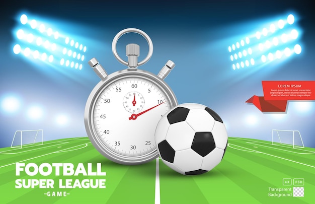 Football super league template with 3d rendering football ball and stopwatch on soccer field