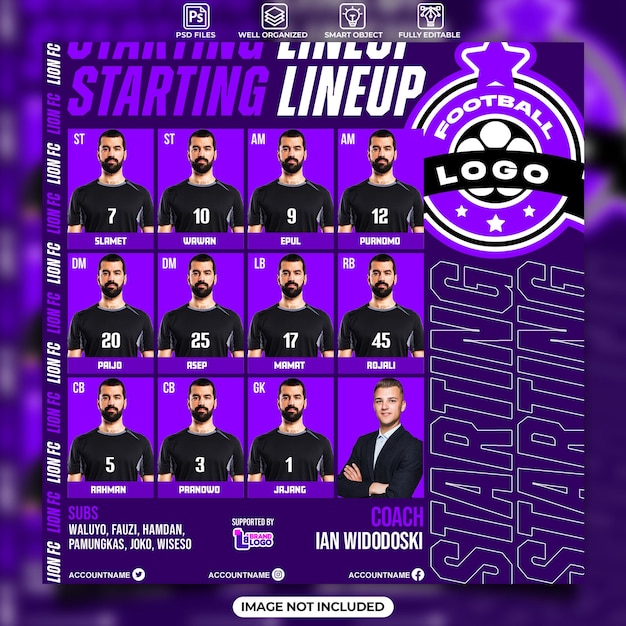 PSD football team starting lineup poster or social media instagram post template