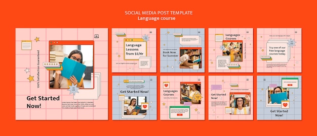 PSD raccolta di post di instagram di classi di lingua straniera in stile interfaccia computer