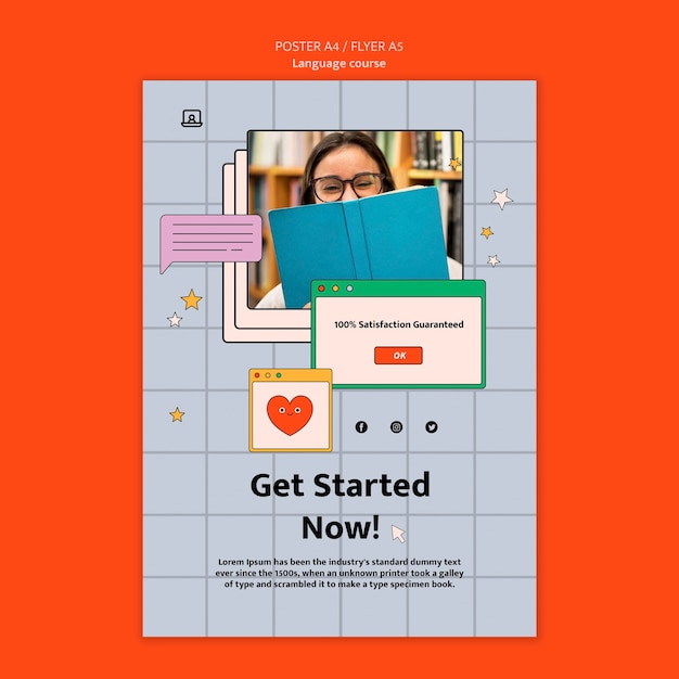 foreign language classes vertical poster template in computer interface style
