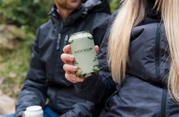 Forest hikers with can mockup