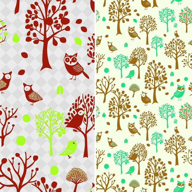 PSD forest patterns with tree owl and fox silhouettes earthy col png traditional abstract designs