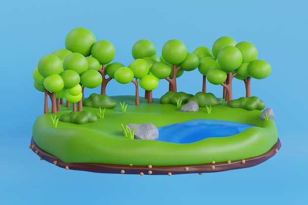 PSD scena della foresta con una piccola piscina illustrazione 3d