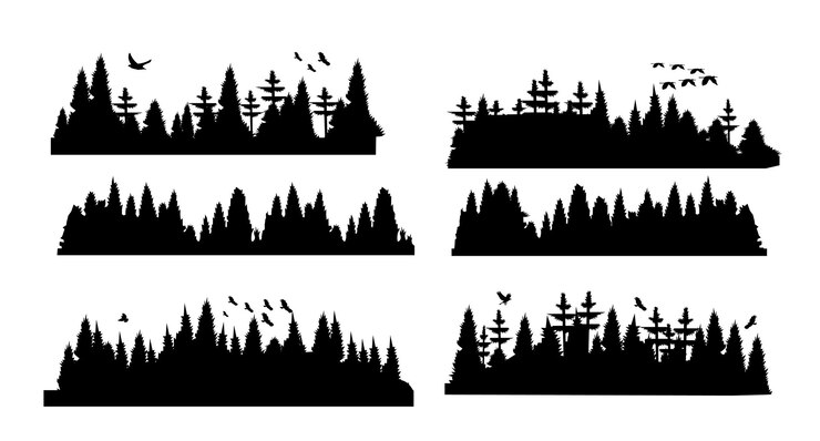PSD forest silhouette vector pack 6 naturalne tła z latającymi ptakami dla krajobrazów okładki książek