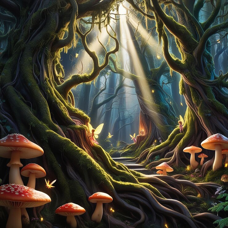 a forest with mushrooms and a tree with the sun shining through it