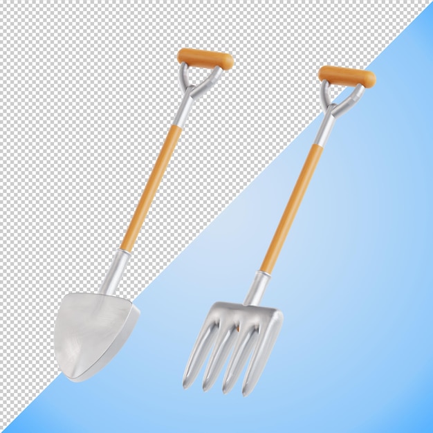 A fork and a shovel are next to each other 3d render illustration