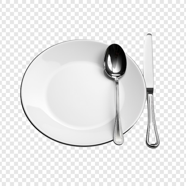 PSD fork and spoon placed on the plate isolated on transparent background