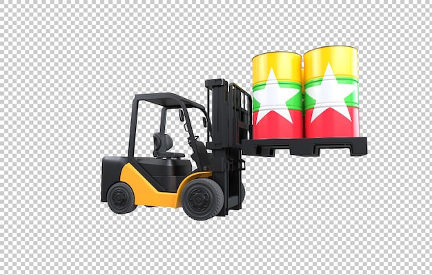 Forklift hefende brandstoftank met de vlag van Myanmar op transparante achtergrond