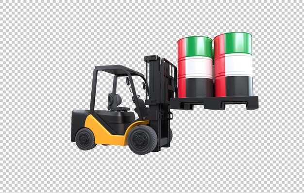 PSD forklift lifting brandstoftank met de vlag van de verenigde arabische emiraten op transparante achtergrond