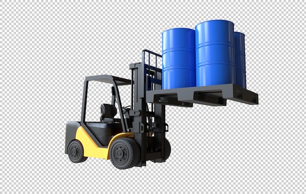 The forklift truck is lifting oil barrels on transparent background