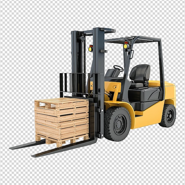 Forklift truck is lifting a pallet with cardboard boxes on transparent background png