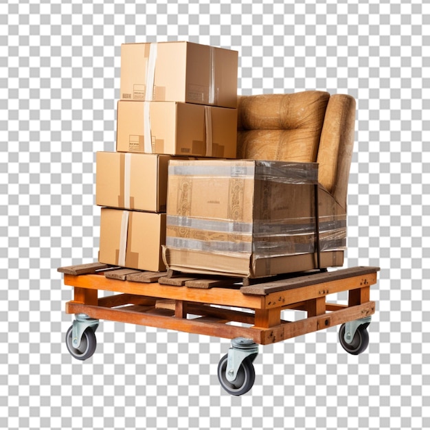 PSD forklift truck is lifting a pallet with cardboard boxes on transparent background