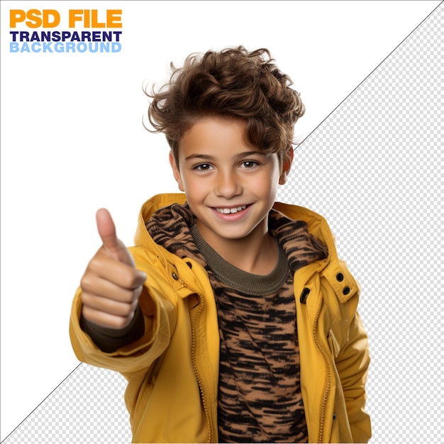 PSD foto van een aantrekkelijke lachende jonge jongen met duim omhoog