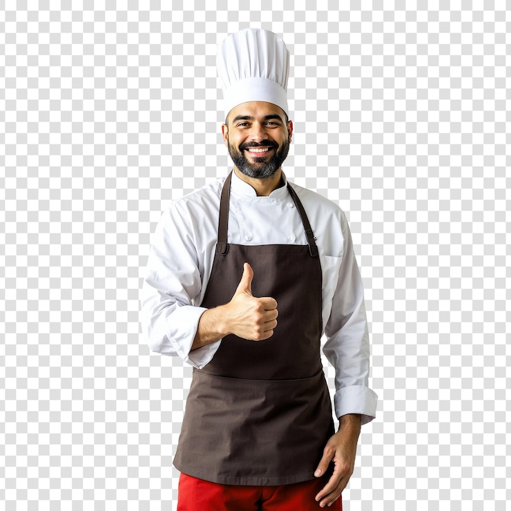 PSD foto van een glimlachende chef-kok met duimen omhoog