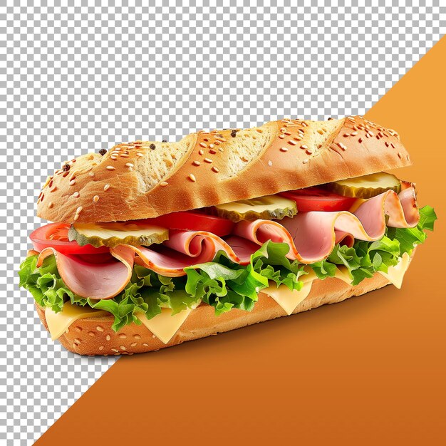 PSD foto van een heerlijke ham sandwich baguette geïsoleerd op een doorzichtige achtergrond