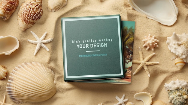 Fotoboek omslag mockup op een strand met schelpen en zand