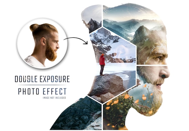 PSD fotocollage dubbele belichting zeshoek effect mockup