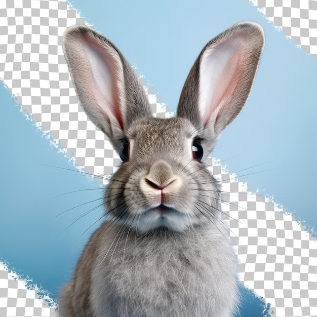 PSD fotografia studia domowego szarego królika z dużymi uszami na jasnym, przezroczystym tle