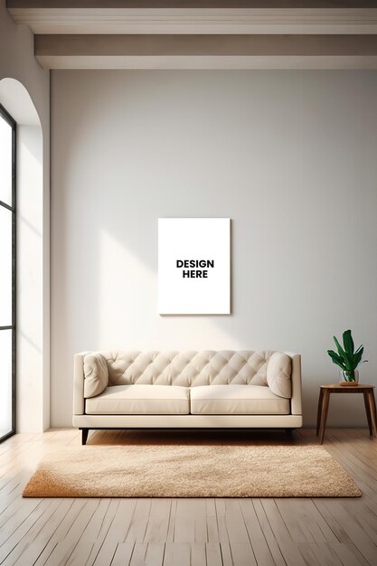 PSD fotolijst mockup psd opknoping in moderne woonkamer minimalistisch gegenereerde ai