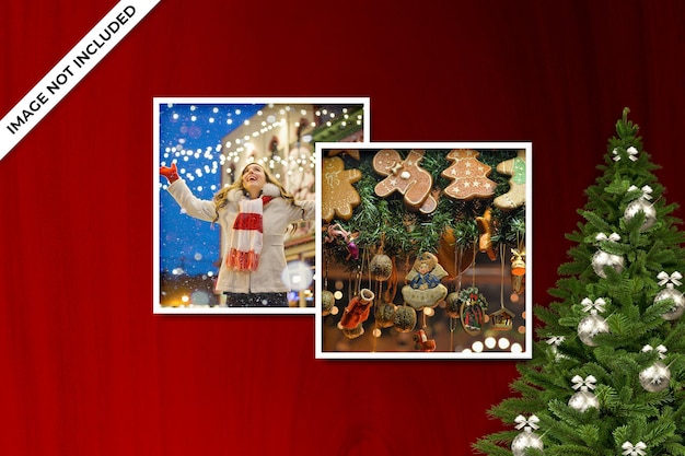 Fotolijstmodel voor kerst- of nieuwjaarsmodel en rode achtergrond psd
