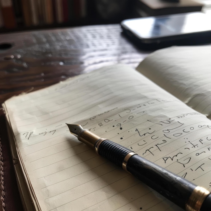 PSD fountain pen rests on open notebook on wooden desk