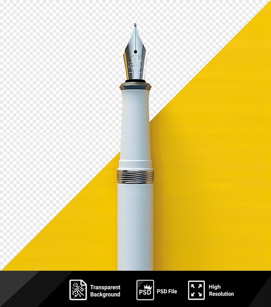 PSD fountain pen on a yellow background a pen rests on a yellow surface surrounded by a stack of books and a cup of coffee png