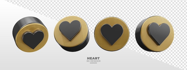 PSD four black and gold icon hearts in different perspectives on transparent background