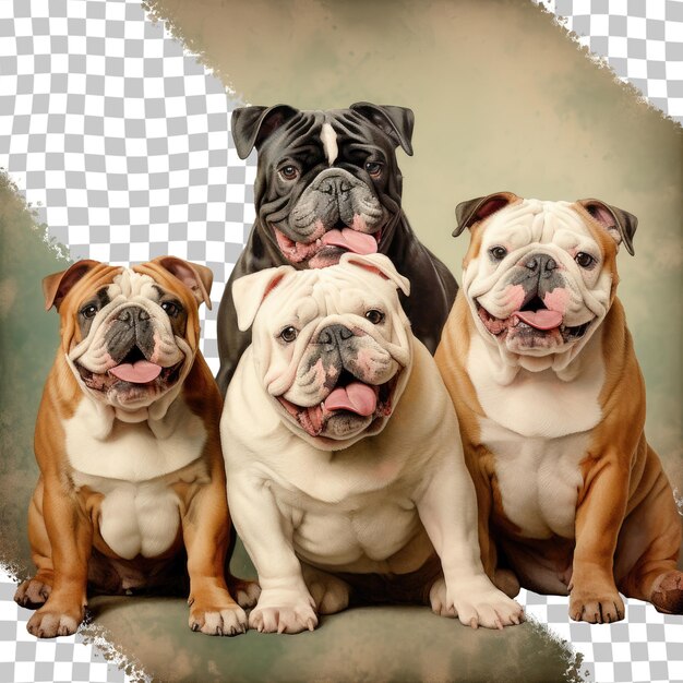 PSD four bulldogs english breed gathered on transparent background