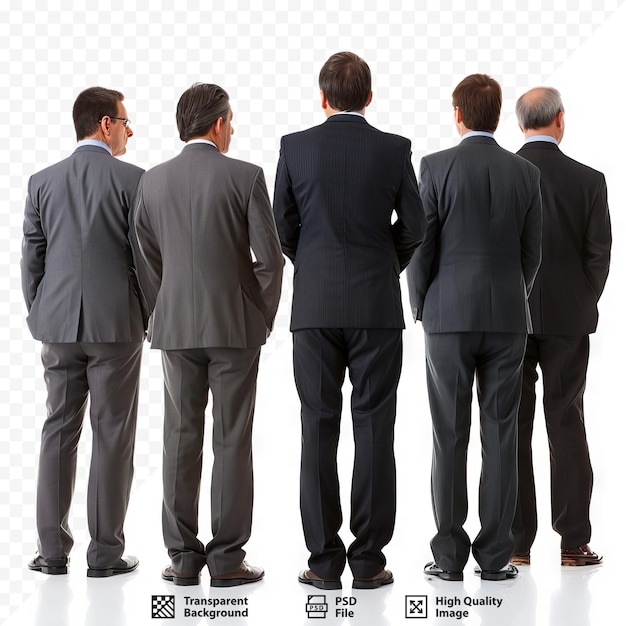 PSD quattro uomini d'affari dalla parte posteriore che guardano qualcosa su uno sfondo bianco isolato