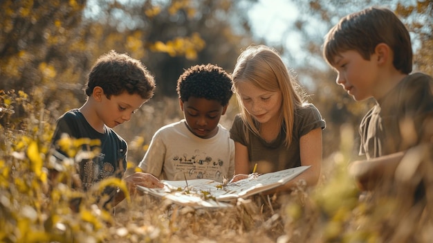 Four children diverse group examining book together outdoors in nature